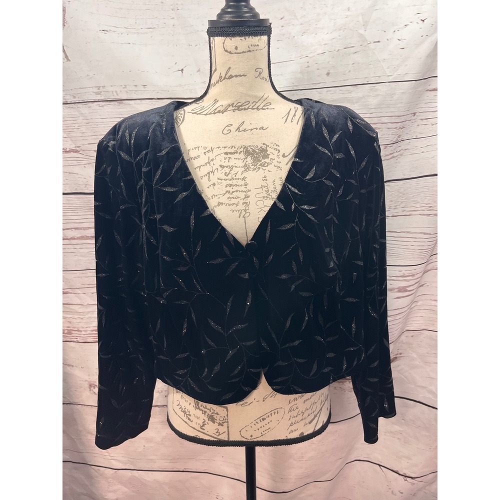 All That Jazz Vintage Black Velvet Glitter Leaf Cropped Bolero Jacket Plus 20
